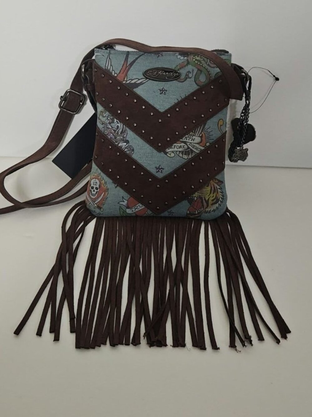 Ed Hardy Tattoo Print Fringed Crossbody Bag - Picture 2 of 5